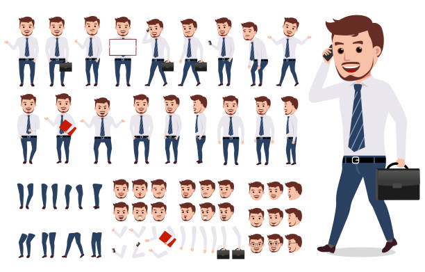 Business man character creation set. Male vector character walking Business man character creation set. Male vector character walking and calling wearing formal office attire with gestures, poses and faces isolated in white. Vector illustration. walking animation stock illustrations