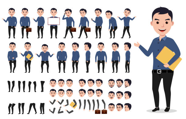 Businessman or male vector character creation set. Professional man Businessman or male vector character creation set. Professional man holding folder with poses, gestures and emotions isolated in white. Vector illustration. walking animation stock illustrations