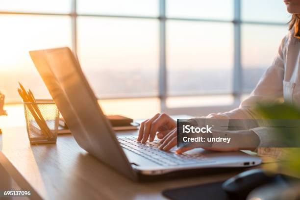 Female Teleworker Texting Using Laptop And Internet Working Online Freelancer Typing At Home Office Workplace Stock Photo - Download Image Now
