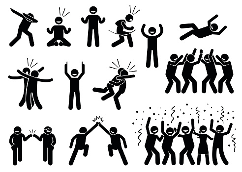 Artwork depicts people celebrating in various styles such as dabbing, fist pump, chest bump, raising hand, high five, throwing person in the air, and group celebration.
