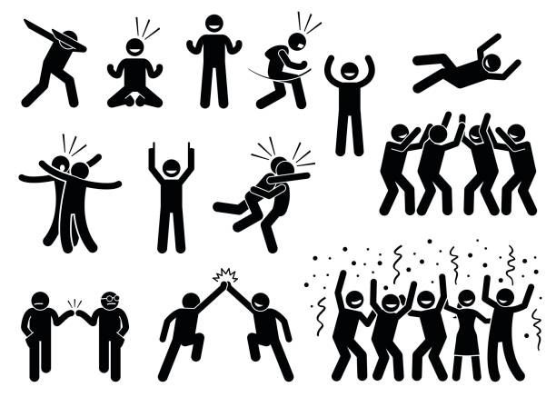 Celebration Poses and Gestures. Artwork depicts people celebrating in various styles such as dabbing, fist pump, chest bump, raising hand, high five, throwing person in the air, and group celebration. dab dance stock illustrations