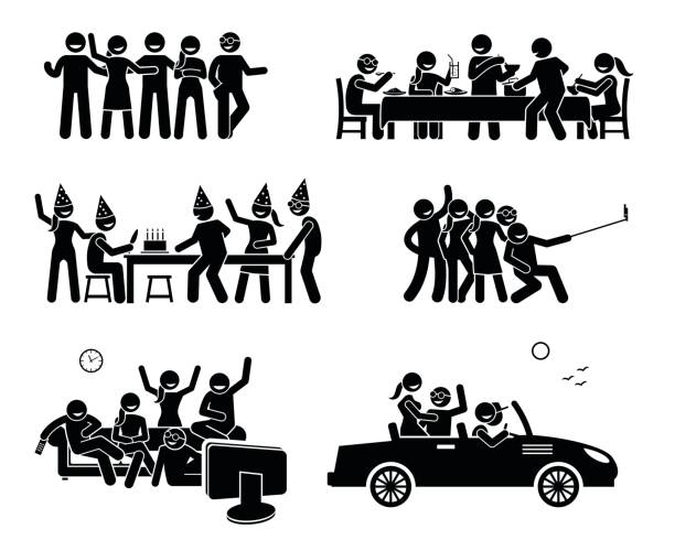 Happy Friends Hanging Out Together. Artworks depict a group of friend eating and dining, having a birthday party, taking a group selfie photo, watching TV, and going on a car trip together. happy birthday best friend stock illustrations
