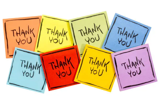 thank you abstract - handwriting on a set of colorful sticky notes