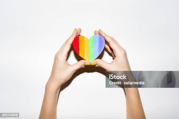 Lgbt Flag Rainbow Heart Shape On White Stock Photo - Download Image Now - Rainbow, Heart Shape, Hand