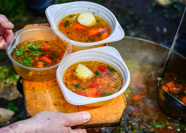 istock Hot soup in a tourist bowler on a picnic 695144714