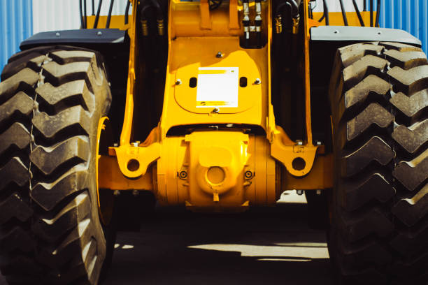 istock Caterpillar tractor at the exhibition 695148322