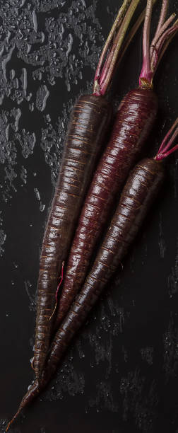 Ripe black carrots. Dark stone background. Autumn harvest. Top view