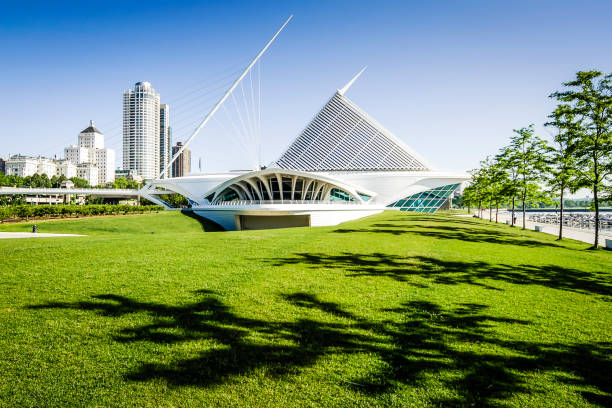 The waterfront Art Museum and downtown Milwaukee in Wisconsin USA stock photo