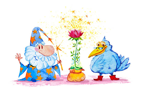 ilustrações de stock, clip art, desenhos animados e ícones de artistic watercolor hand drawn magic illustration with stars, wizard, blue crow and pink flower isolated on white background. fairy tale magician. children illustration. - book magic picture book illustration and painting