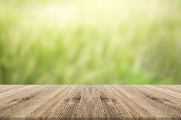 istock table top on green blurred  background,Space for placing products 695157942