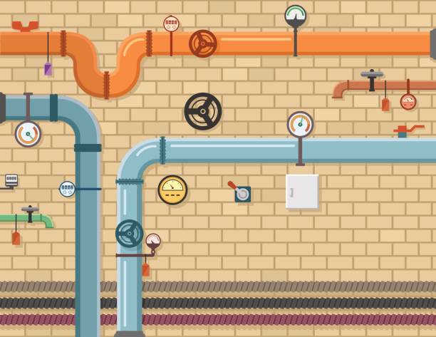 pipeline plumbing background pipeline plumbing background with pipes and brick wall faucet leaking pipe water stock illustrations