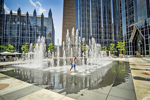 PPG Place fountains and skyscrapers in downtown Pittsburgh, Pennsylvania USA
