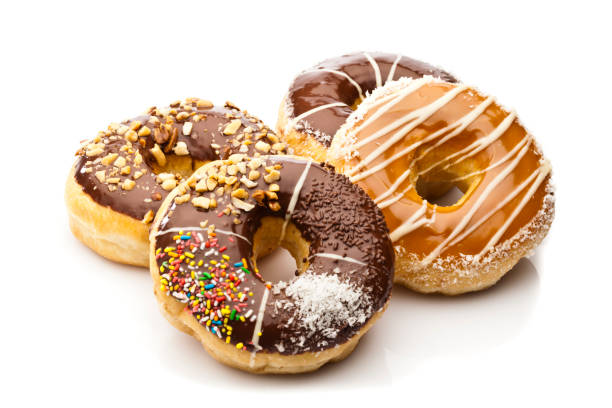 sterta pączków odizolowana na białym tle - donut glazed bakery unhealthy eating zdjęcia i obrazy z banku zdjęć