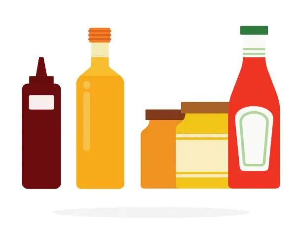 Vector illustration of Barbecue sauce in a dispenser, sunflower oil, ketchup and mustard and honey in jars flat isolated