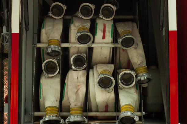istock compartment of rolled up fire hoses on a fire engine. rescue fire truck equipment. 695183072