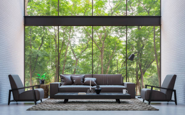 istock Modern loft living room with nature view 3d rendering image 695194730