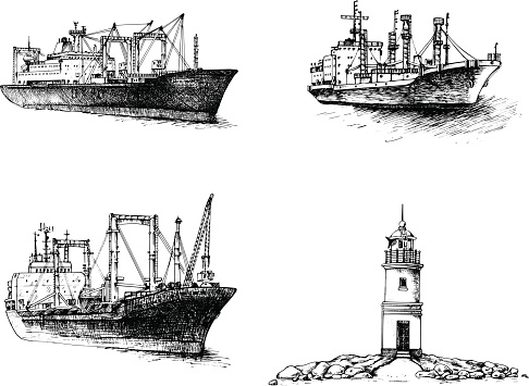 Set cargo ships and lighthouse. Vector illustration. Traced image. Original drawings by hand, you can also find in my portfolio BITMAP folder.