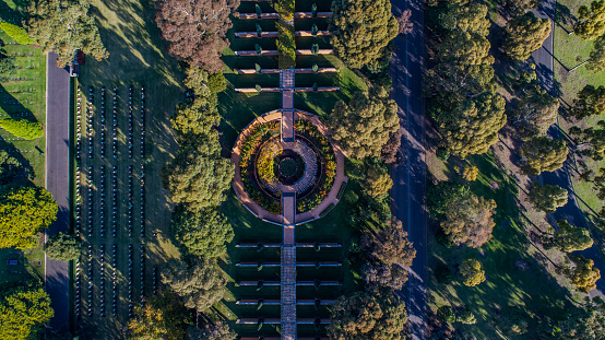 Aerial shot taken in Springvale Botanical Cemetery in Melbourne. Springvale Botanical Cemetery is arguably Australia’s most beautiful cemetery and is renowned for its magnificent, highly landscaped grounds.