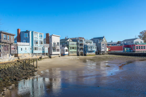 istock Rockport Harbor village with blue and clean sky 695219130