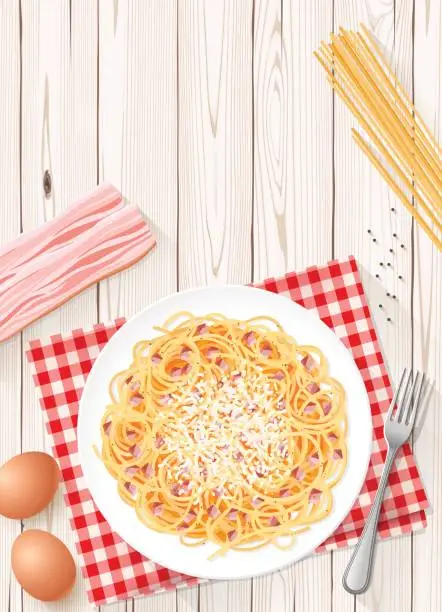 Vector illustration of Spaghetti Carbonara on wooden table