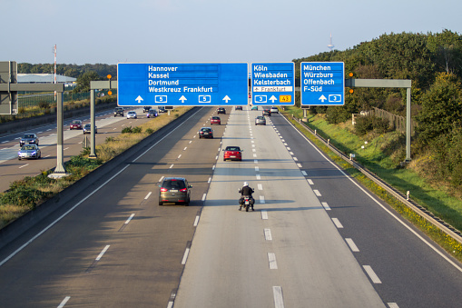 Düsseldorf, Germany - February 07, 2023: Traffic jam at a construction site on the german highway no. A52 in the north of Düsseldorf. The A52 is an important connection between Düsseldorf, Mönchengladbach and the Netherlands.