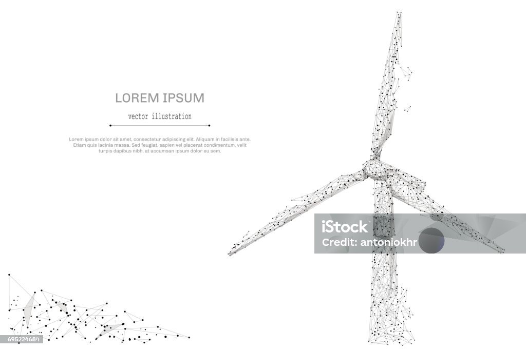 windmill low poly gray Abstract mash line and point windmill on white background with an inscription. Green energy starry sky or space, consisting of stars and the universe. Vector business illustration Wind Turbine stock vector