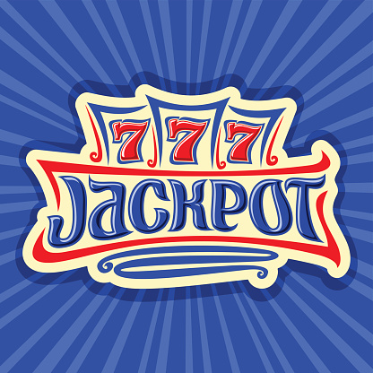 Vector poster for Jackpot theme: gambling emblem for online casino on background of rays of light, gamble sign with lettering title jackpot, win on reel of slot machine lucky symbol 777, icon for Vegas.