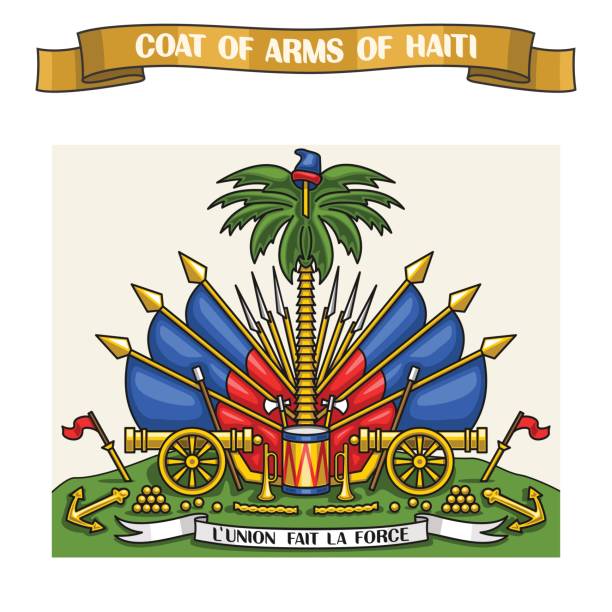 Vector illustration on theme Haitian Coat of Arms Vector illustration on theme Haitian Coat of Arms, heraldic shield on national state flags - Emblem of Haiti, on ribbon title text: coat of arms of haiti, haitian official heraldry, symbolic emblem. anchor free pic stock illustrations