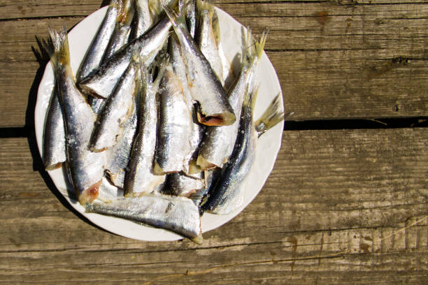 Gutted baltic herring on a plate on rustic wooden table