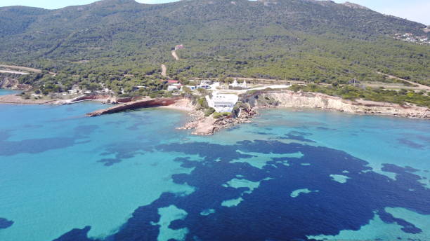 Aerial drone photo of Hamolia seascape with turquoise clear waters in Porto Rafti, Mesogeia, Attica, Greece stock photo