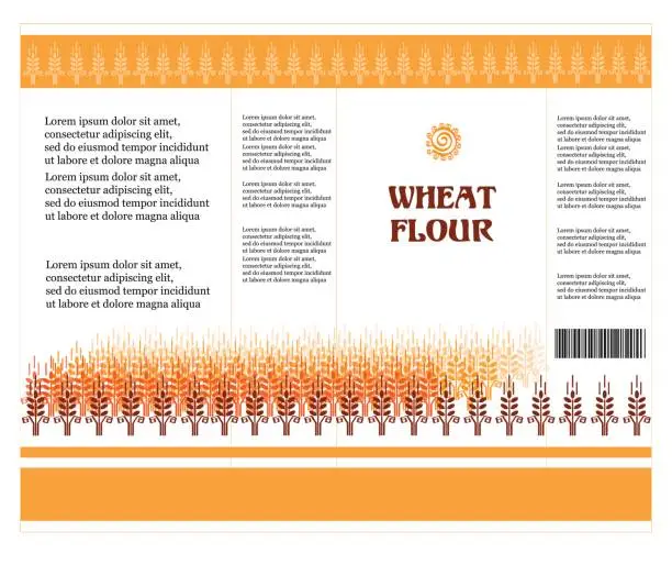 Vector illustration of Package design. Wheat flour or Pasta, macaroni, spaghetti. Vector illustration of ears of wheat and label.