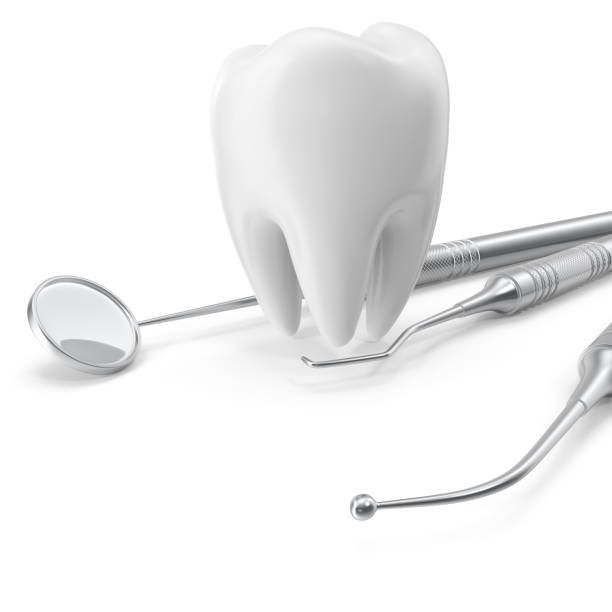 istock Dental set, mirror, probe, with tooth, concept care isolated on white background, 3D rendering 695237234