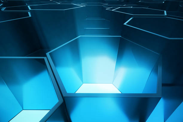 istock Abstract blue of futuristic surface hexagon pattern, hexagonal honeycomb with light rays, 3D Rendering 695237746