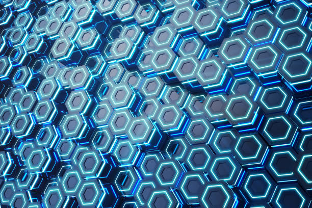 istock Abstract blue of futuristic surface hexagon pattern, hexagonal honeycomb with light rays, 3D Rendering 695237764
