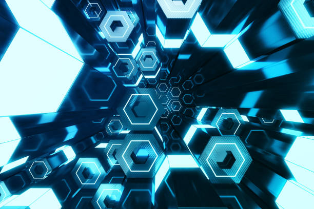 istock Abstract blue of futuristic surface hexagon pattern, hexagonal honeycomb with light rays, 3D Rendering 695237776