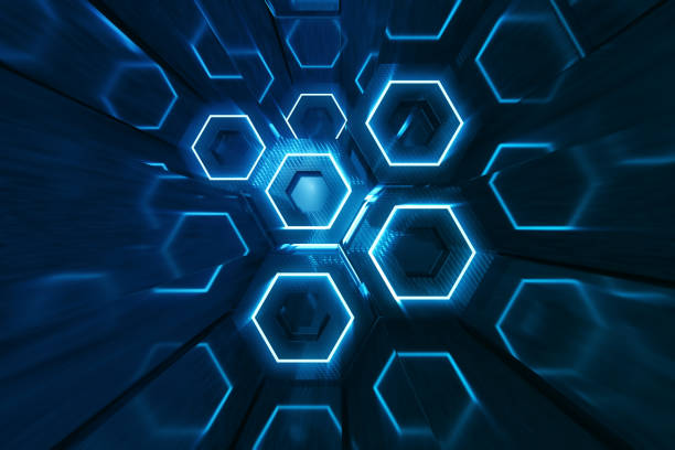 istock Abstract blue of futuristic surface hexagon pattern, hexagonal honeycomb with light rays, 3D Rendering 695237794