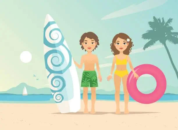 Vector illustration of Boy and girl on the beach