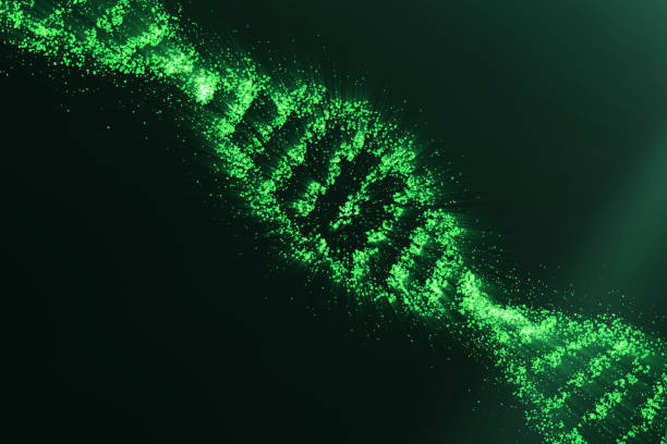 Concept of biochemistry with dna molecule on green background, Genetic engineering scientific concept, green tint, 3D rendering
