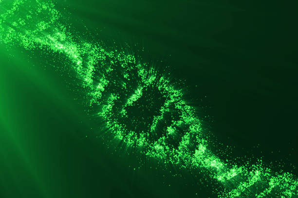 Concept of biochemistry with dna molecule on green background, Genetic engineering scientific concept, green tint, 3D rendering