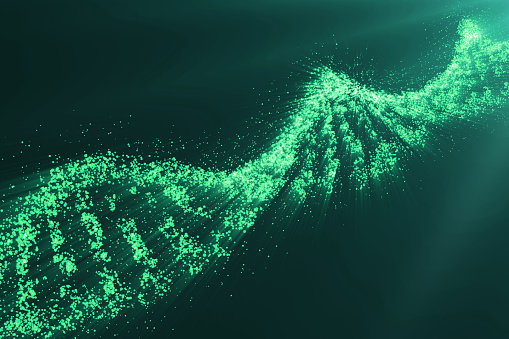 Concept of biochemistry with dna molecule on green background, Genetic engineering scientific concept, green tint, 3D rendering