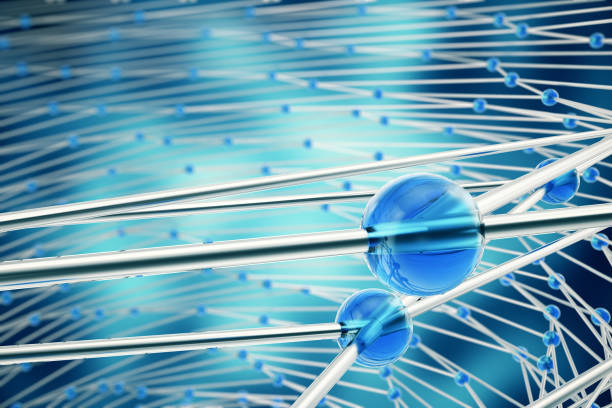 istock 3D rendering abstract molecules design. Atoms. Medical background for banner or flyer. Molecular structure with blue spherical particles 695240644
