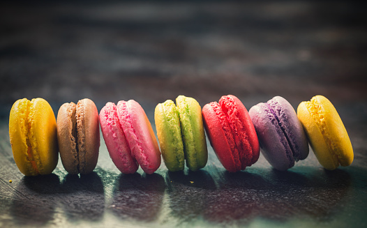 Assorted sweet colorful French macarons with different flavors