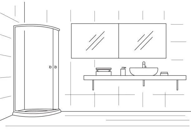 Vector illustration of Bathroom. Shower, double mirror, worktop with sink. Vector illustration in a linear style.