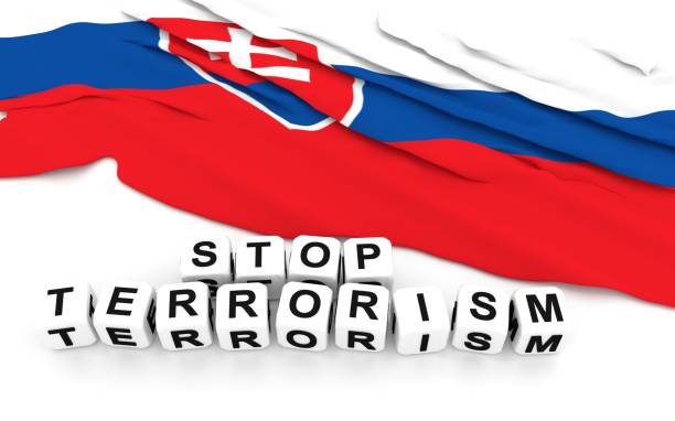 istock Slovakian flag and text stop terrorism. 695261170