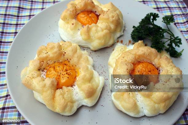 Cloud Eggs Or Egg Nests Stock Photo - Download Image Now - Cloud - Sky, Egg - Food, Baked