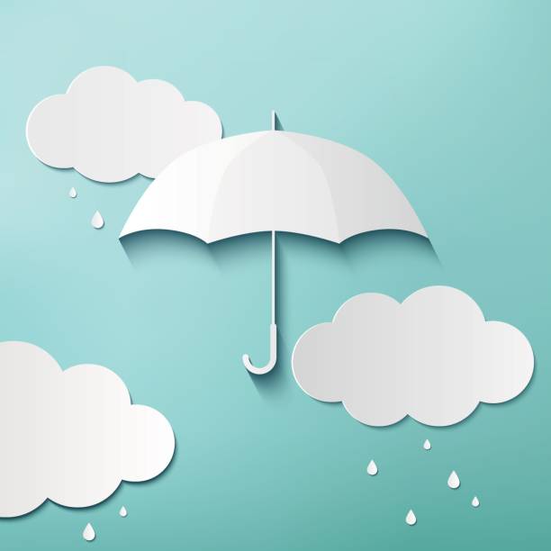 Rainy day Rainy day, origami made umbrella and clouds on blue sky background rain patterns stock illustrations