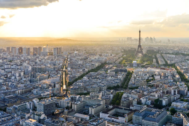 istock Aerial view of Eiffel Tower and Paris during sunset 695269824