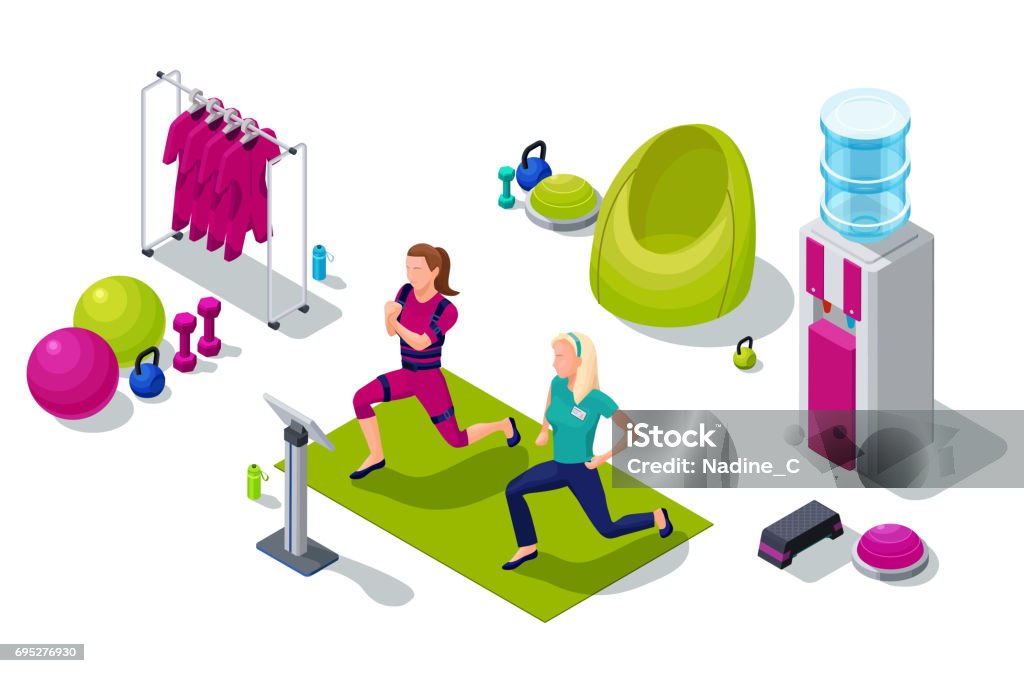 Isometric ems fitness studio with girl and personal trainer doing electrical muscular workout and sports equipment. Vector illustration Isometric ems fitness  studio with girl and personal trainer doing electrical muscular workout  and sports equipment. Vector illustration Electricity stock vector