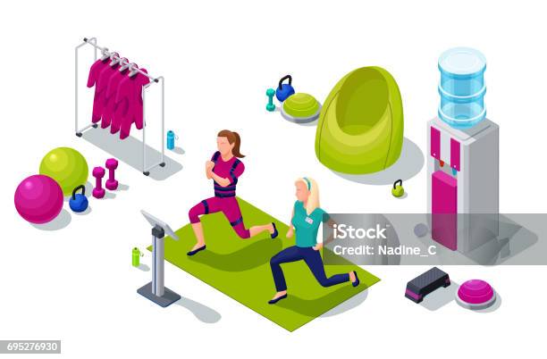 Isometric Ems Fitness Studio With Girl And Personal Trainer Doing Electrical Muscular Workout And Sports Equipment Vector Illustration Stock Illustration - Download Image Now