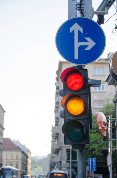 istock Traffic light being yellow and red at same time in Budapest during summer day 695277468